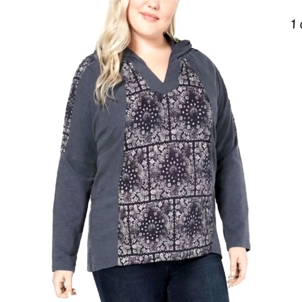 Style & Co sz L blue denim stretch knit hoodie top